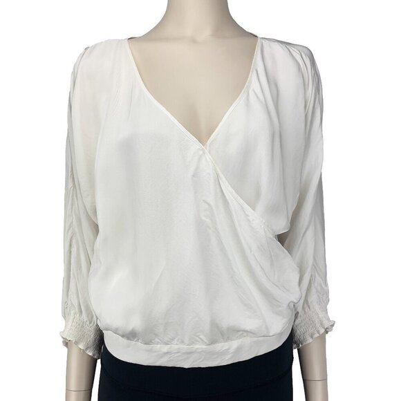 BABATON Aritzia Spring Satin wrap flowy Office White Blouse Sz Large - Picture 1 of 5